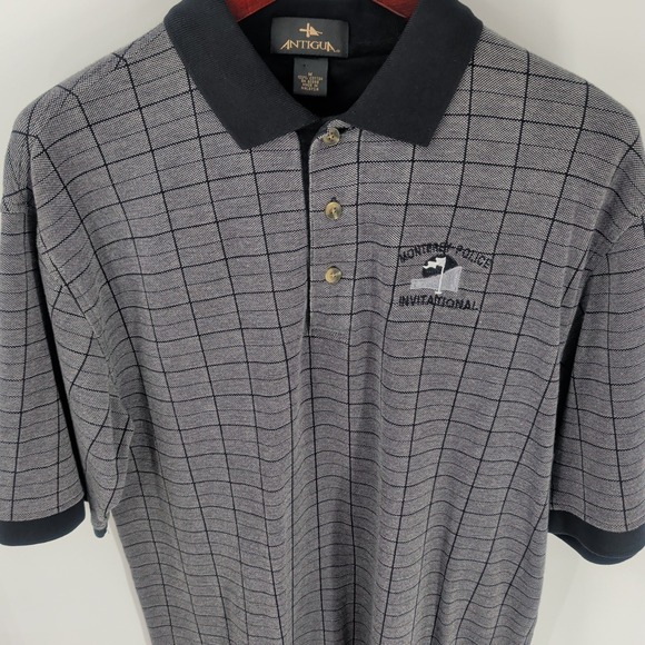 Vtg Y2K Antigua Check Monterey Police Invitational Cotton Golf Polo Gray Black M - Picture 3 of 9